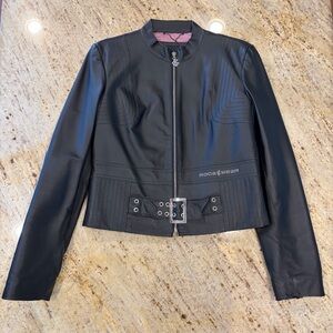 ROCAWEAR Vintage Genuine Leather Moto Jacket Black Spring Y2K Lavender Lining M
